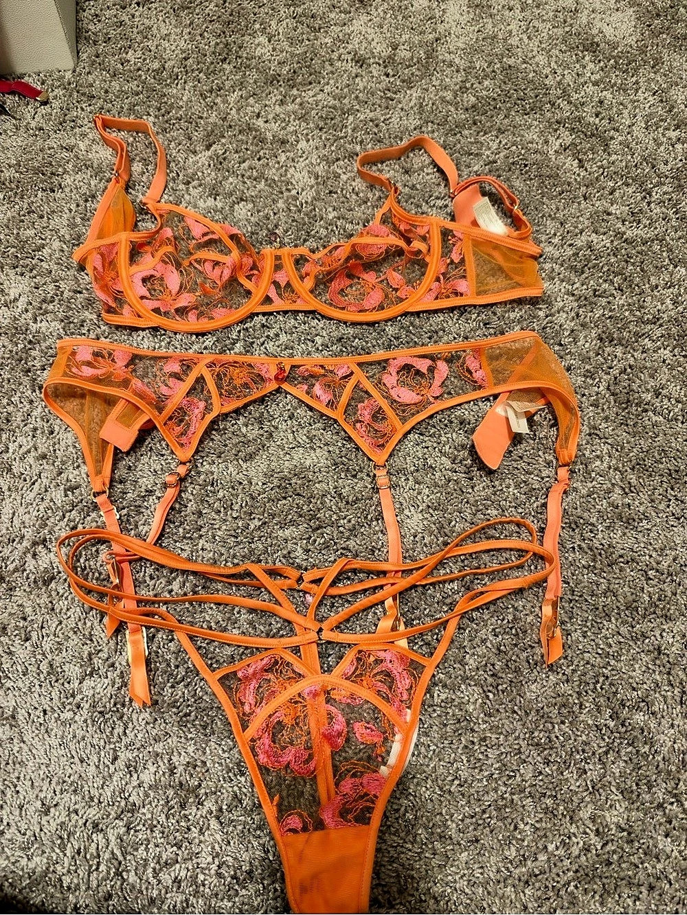 Honey Birdette Floral Lingerie Set in Orange & Pink 32DDD M thong and garter